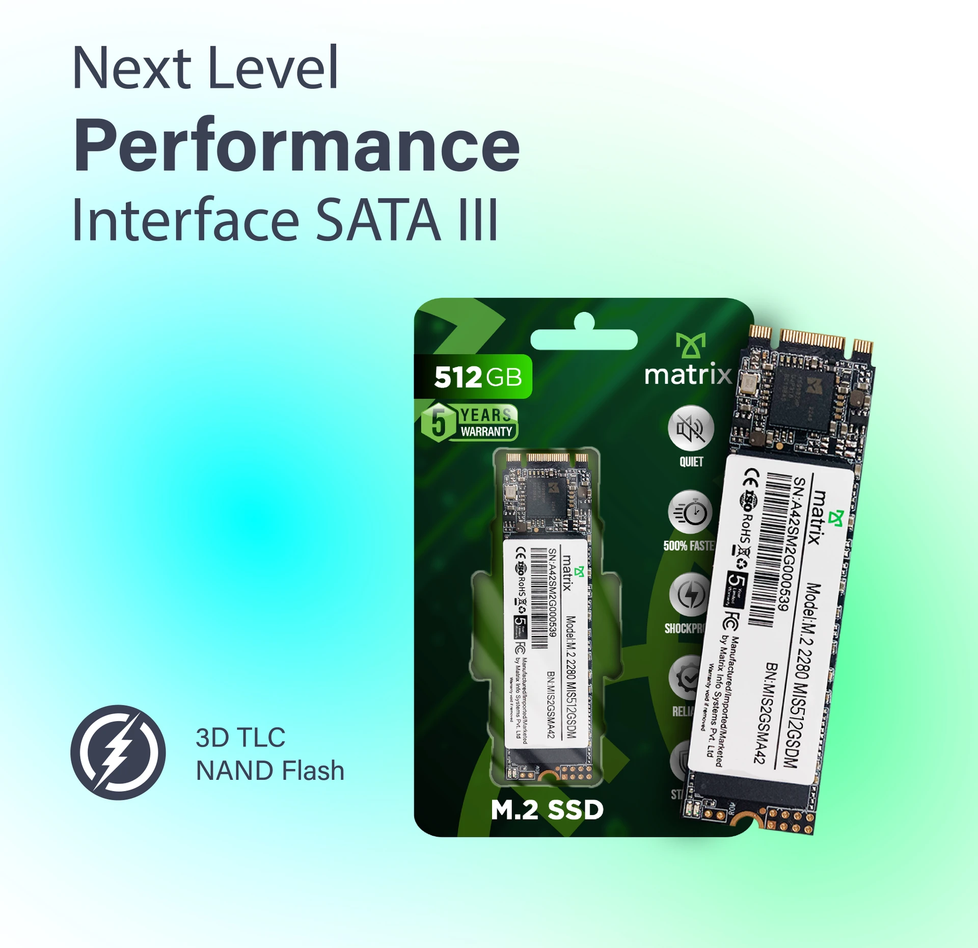 s3 Matrix 512GB M.2 (2280) Internal Solid State Drive (SSD), Read Up to 560MB/s, Write Up to 500MB/s, 5 Year Warranty - Image 1
